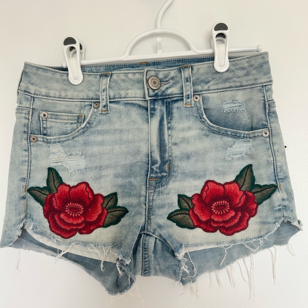 American Eagle Light Blue Jean Shorts with Red Floral Embroidery